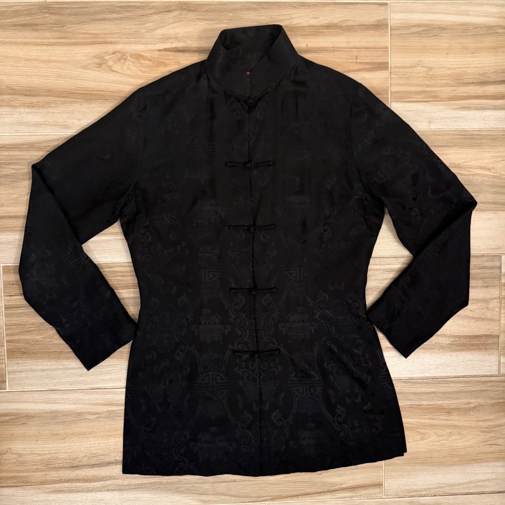 Shanghai Tang 100% Silk Jacket US12 Black Mandarin Collar Frog Toggle Jacket